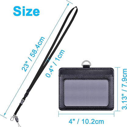 Wisdompro 2-Sided PU Leather ID Badge Holder with 1 ID Window and 1 Card Slot and 1 piece 23 Inch Adjustable Polyester Detachable Neck Lanyard Strap (Holds 3 to 4 Cards) - Black (Horizontal)