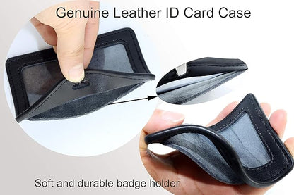 ID Card Case + Lanyard + Badge Holder Retractable Reel Carabiner and Plastic Clip (Genuine Leather Horizontal Black)