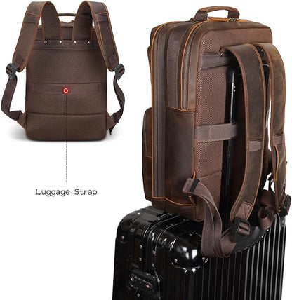 Polare 17.3 Inch Full Grain Leather Backpack for Men and Women Multi Pockets Business Travel Laptop Rucksack (Brown)