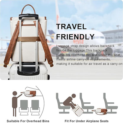 Leather Laptop Backpack for Women, Travel Backpack Purse Fits 15.6 Inch Laptop, Casual Daypack with Laptop Compartment for Teachers College Work Business Nurse Weekender, Beige Brown