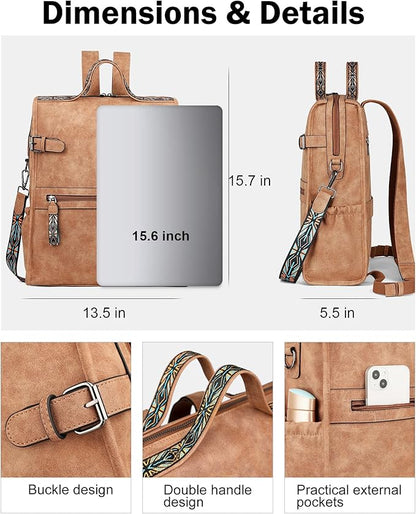 FADEON Leather Laptop Backpack for Women, Designer Ladies Work Travel Computer Backpack with Laptop Compartment Suede Brown