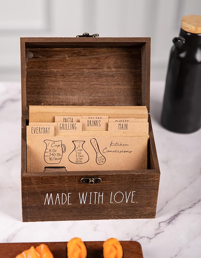 Rae Dunn Rustic Wooden Storage Box - 5x7 inches - Multipurpose Organizer - Recipe Box with Lid and Metal Clasp - Style 4