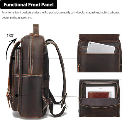 LANNSYNE Vintage Genuine Leather Backpack For Men Fits up to 16" Laptop Travel Hiking Rucksack