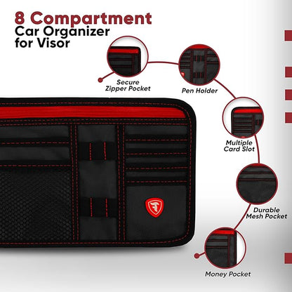 Firestone 2 Pack Sun Visor Organizer Car Accessories for Men & Women, Multi Pocket Visor Storage with Pockets & Card Slots, Eyeglass Holder, Document Holder & Pen Slots - Fits Most Vehicles, Black Red