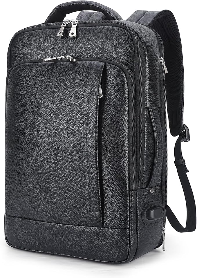 TIDING Men's Leather Business Backpack Fits 15.6 Inch Laptop, Expandable Office Work Casual Daypack with USB Charging Port