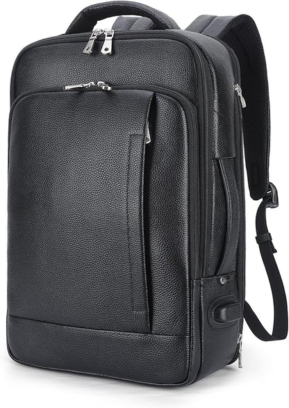 TIDING Men's Leather Business Backpack Fits 15.6 Inch Laptop, Expandable Office Work Casual Daypack with USB Charging Port