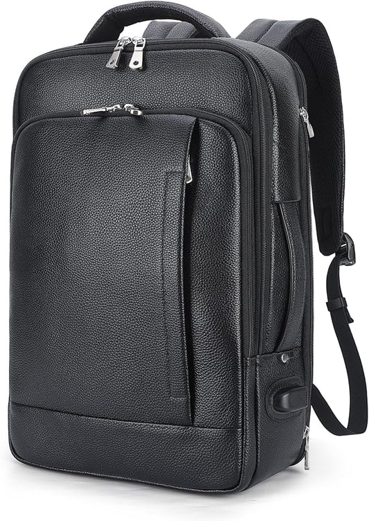 TIDING Men's Leather Business Backpack Fits 15.6 Inch Laptop, Expandable Office Work Casual Daypack with USB Charging Port