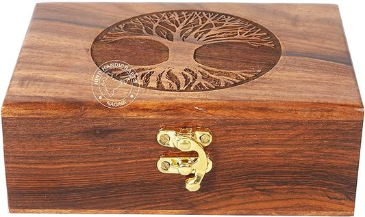 Handmade Rosewood Tree of Life Engraved Keepsake Box – Wooden Jewellery Organizer for Women & Men | Handcarved Storage & Home Décor Accent | Velvet Lined Antique Box (7"x5.5"x3.5", 60 Cubic Inch)