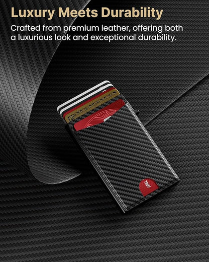 typecase Flip Pop Up Wallet for Men Card Holder: Smart Privacy & ID Display Mode, RFID Blocking, Slim Genuine Leather, Minimalist Front Pocket - 8 Card Capacity | ID Window | Money Clip (Carbon Fiber)