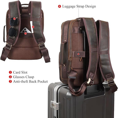TIDING Full Grain Leather 15.6" Laptop Backpack for Men Multi Pockets Casual Daypack Business Travel Rucksack