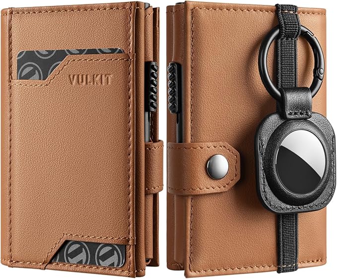 VULKIT Airtag Wallet with Keyring Mens Pop up Credit Card Wallet Compatiable with Air Tag Holder Trifold ID Window RFID Blocking