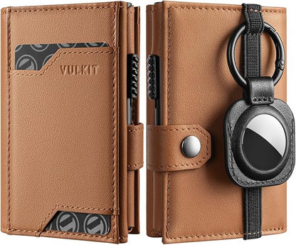 VULKIT Airtag Wallet with Keyring Mens Pop up Credit Card Wallet Compatiable with Air Tag Holder Trifold ID Window RFID Blocking
