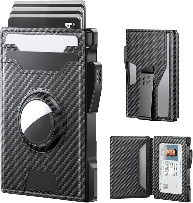 typecase AirTag Wallet for Men: Compatible with Apple AirTag (1st & 2nd Generation), RFID Blocking, Genuine Leather, Slim & Minimalist Design,13 Cards Capacitiy | ID Window | Money Clip (Carbon Fiber)