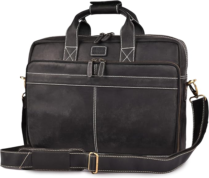 LEATHER VILLAGE 18" Leather Laptop Messenger Briefcase Bag for Men-Leather Satchel for Travel and Office Shoulder Bag- Black