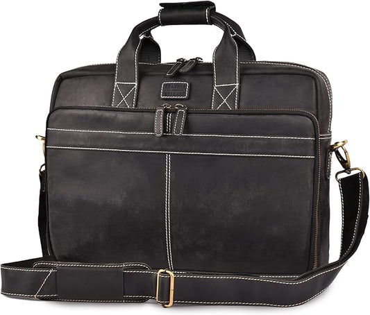 LEATHER VILLAGE 18" Leather Laptop Messenger Briefcase Bag for Men-Leather Satchel for Travel and Office Shoulder Bag- Black