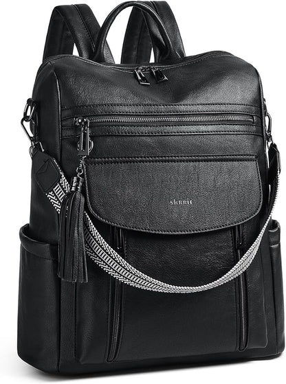 Shrrie Laptop Backpack for Women 15.6 inch,Travel Leather Backpack Purse Nurse Teacher Carry on Backpack Computer Bag,Professional Water-Resistant College Business Work Casual Daypack,Two-tone Black