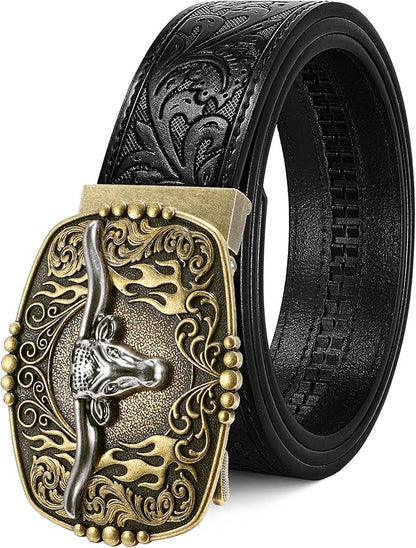 Cowboy Western Ratchet Belt for Men Women with Automatic Western Buckle, Ratchet Cowboy Leather Belt for Jeans Gifts