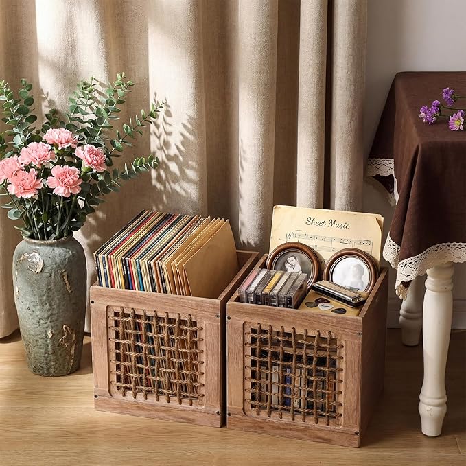 Geelin 2 Pack Wood Storage Bins with Handles 11 x 11 x 11 Inch 22l Cube Multipurpose Decorative Vintage Farmhouse Wood Rope Crate Stackable Cube Containers Organizing Bins for Toy Clothes Books Office