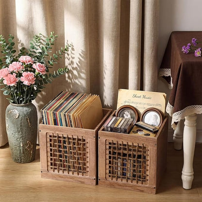 Geelin 2 Pack Wood Storage Bins with Handles 11 x 11 x 11 Inch 22l Cube Multipurpose Decorative Vintage Farmhouse Wood Rope Crate Stackable Cube Containers Organizing Bins for Toy Clothes Books Office