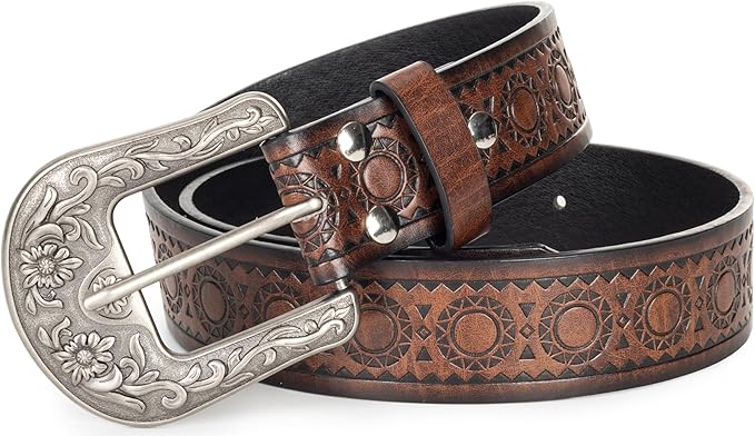Mealah Vintage Western-Cowboy-Belt for Women Men - Carved Buckle PU Leather Waist Belts (for Waist 28"-38")