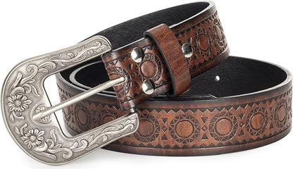 Mealah Vintage Western-Cowboy-Belt for Women Men - Carved Buckle PU Leather Waist Belts (for Waist 28"-38")