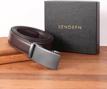 SENDEFN Men's Leather Belt Automatic Ratchet Buckle Slide Belt for Dress Casual Trim to Fit with Gift Box