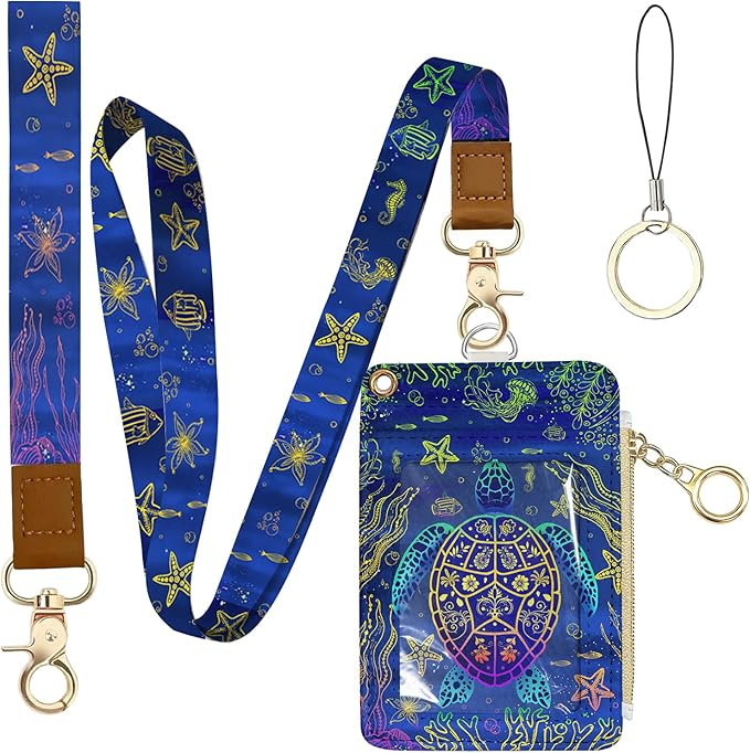 Turtle Leather Badge Holder with Zipper Pocket, Blue Work Lanyards and 1 Zip Pocket, 4 Card Slots, Breakaway Lanyards with Metal Clasp for Offices, Staff, Adult, Employees