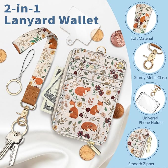 Lanyard Wallet with Id Badge Holder, Foxes RFID Small Keychain Wallet Women Wristlet, Cute Zipper Credit Card Holder Phone Wrist Neck Strap for Key Name Tag, Teacher Student Office Gifts