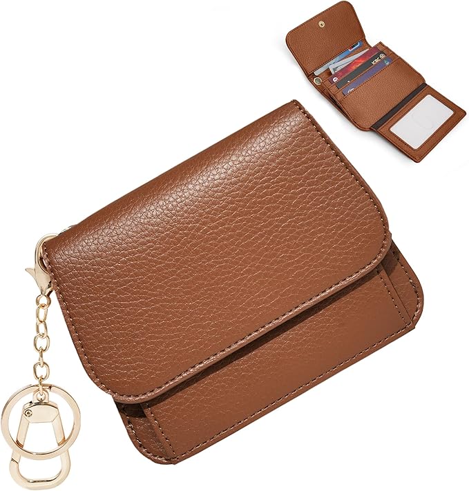 Women Small Wallet RFID Blocking Slim Wallet with Coin Pocket Tri-Fold Credit Card Holder with ID Window and Keychain (Dark Brown)