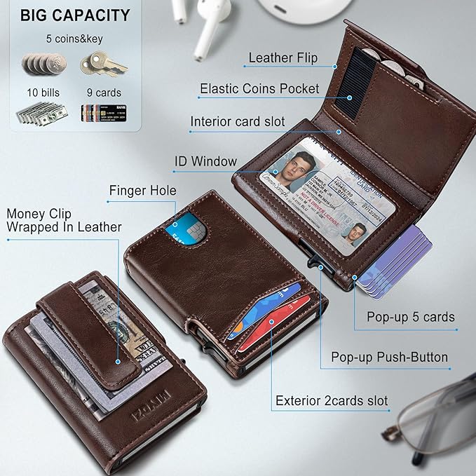 miyozi Wallet for Men, Magnetic Minimalist Slim Wallet with Pop Up Card Holder, 9 Cards RFID Blocking Metal Credit Card Case, Leather Wrapped Money Clip, ID Window & Small Item Slot, Gift Boxed