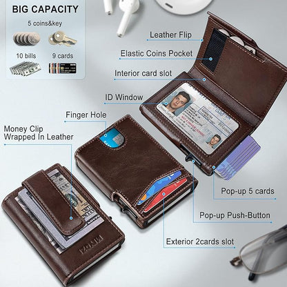 miyozi Wallet for Men, Magnetic Minimalist Slim Wallet with Pop Up Card Holder, 9 Cards RFID Blocking Metal Credit Card Case, Leather Wrapped Money Clip, ID Window & Small Item Slot, Gift Boxed