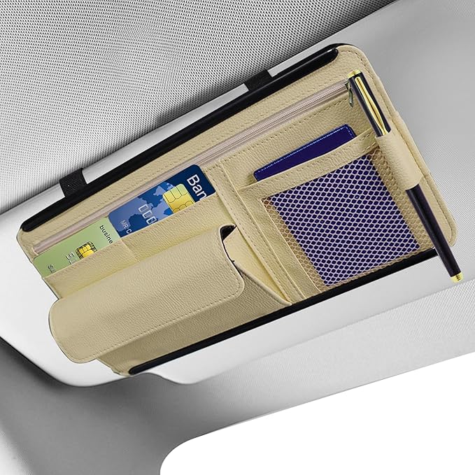 Hovom Car Visor Organizer, Leather Multi-Pocket Auto Sun Visor Storage Pouch with Sunglasses Holder, Card Holder, Zipper Pocket, Net Pocket, Pen Slot, Universal Interior Car Accessories (Beige)