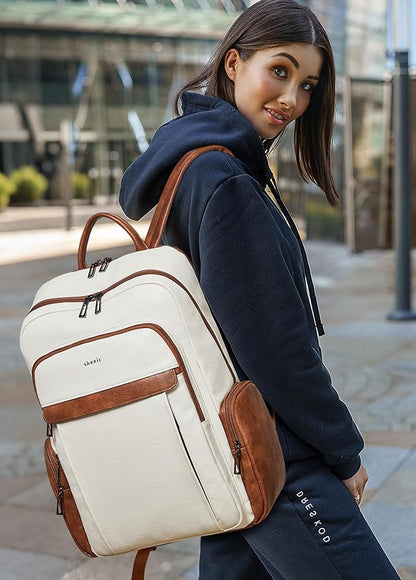 Shrrie Leather Laptop Backpack for Women with 17 inch Vegan Leather Computer Backpack Purse for Travel College Work