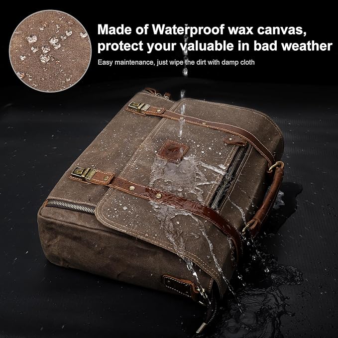 Manificent Laptop Messenger bag for Mens 15.6 Inch, Waterproof Vintage Genuine Leather Mens Briefcase shoulder bag 16 Storage Pockets, Waxed Canvas Leather Computer Business Satchel Work Bag (Brown)