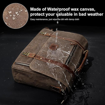 Manificent Laptop Messenger bag for Mens 15.6 Inch, Waterproof Vintage Genuine Leather Mens Briefcase shoulder bag 16 Storage Pockets, Waxed Canvas Leather Computer Business Satchel Work Bag (Brown)