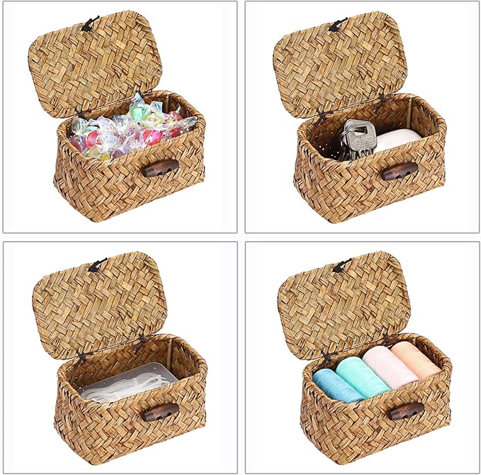 Hipiwe Handwoben Seagrass Basket With Lid Wicker Storage Baskets Decorative Shelf Basket Mini Desktop Organizer, Caramel 4.3" x 2.5" x 2.1"