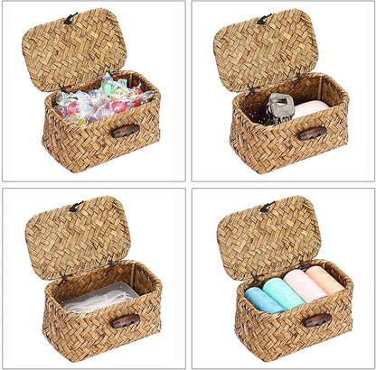 Hipiwe Handwoben Seagrass Basket With Lid Wicker Storage Baskets Decorative Shelf Basket Mini Desktop Organizer, Caramel 4.3" x 2.5" x 2.1"