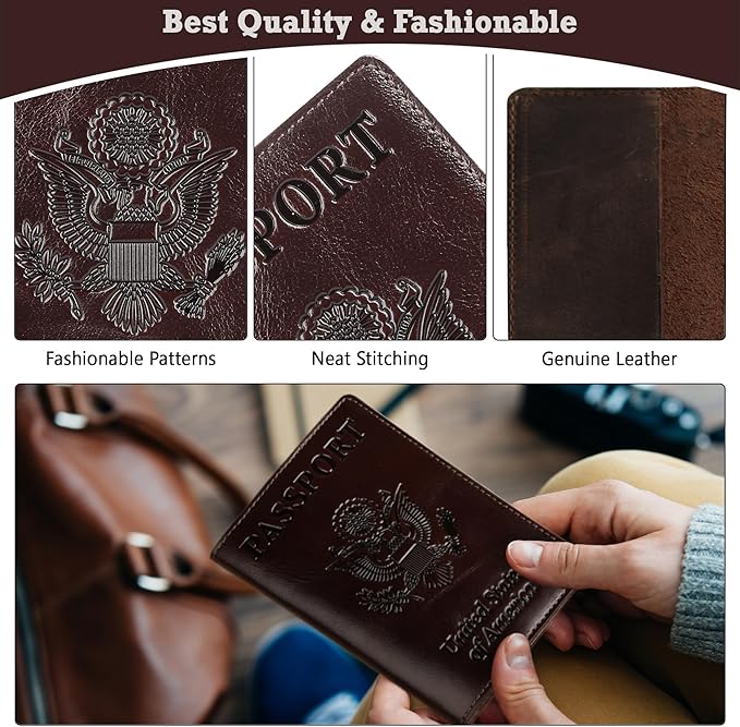 Shvigel US Leather Passport Book Cover - Thin American Travel Passport Holder - Premium International USA Passport Protector Case for Women Men (Glossy Brown)