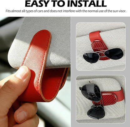 T-carbon Sunglass Holder for Car Sun Visor,Magnetic Leather Sunglasses Hanger,Glass Fiber Sunglasses Holder and Ticket Card Clip, Car Visor Accessories,Red