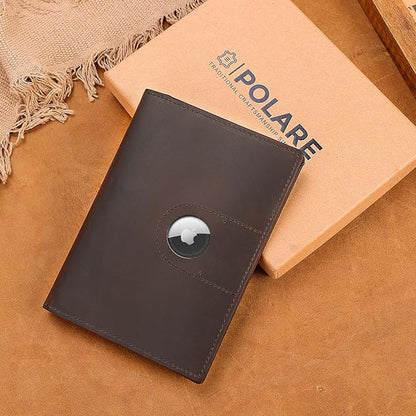 Polare Slim RFID Blocking Leather Passport Holder Travel Bifold Wallet For Men (Dark Brown with AirTag Slot-B)