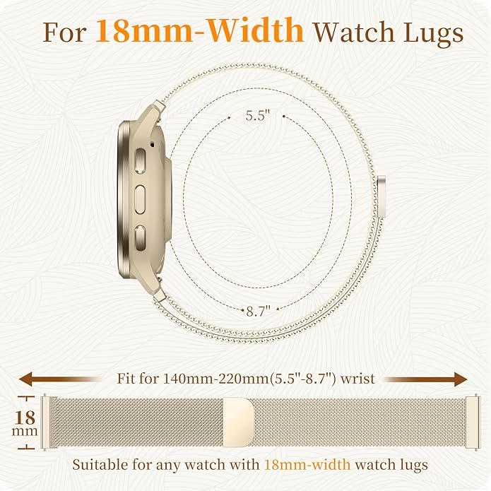 18mm 20mm Metal Band Compatible for Garmin Vivoactive 5/6/4S/3 Watch Bands, Soft Stainless Steel Mesh Strap for Garmin Venu 3S/Venu 2S/Sq Watch Band, Forerunner 55/245/255S/265S Watch Band Women Men