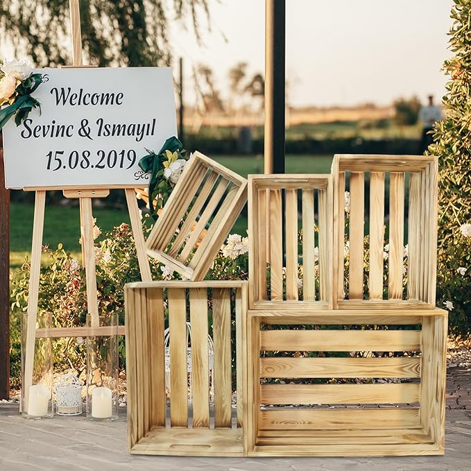 Wooden Crates for Display Large Rustic Nesting Wooden Basket with Handle, Farmhouse Wood Crate for Storage and Container, 5 Size Multipurpose Wood Basket for Fruits Vegetables Boxes XL