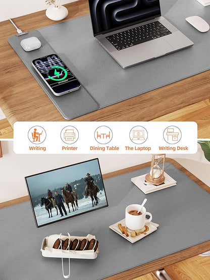 TopMade Mouse Pad with 15W Wireless Charging, XXL Large Leather Desk Mat, Waterproof Gaming Mousepad Home Office Desk Pad Protector, Computer Keyboard Pad, Mouse Mat for MacBook, PC, Laptop, Gray