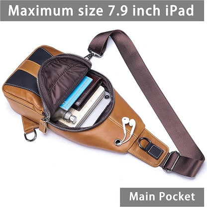 LUKZIJAES Genuine Leather Sling Bag for Men Vintage Crossbody Bag Men Chest Pack Mens Cross Shoulder Bags Hiking Daypacks Travel Backpack (#2-Brown)