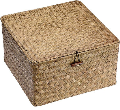 Hipiwe Handwoven Storage Box with Lid Seagrass Wicker Shelf Basket Bin Household Organizer for Bookshelf Living Room Bath Room, Coffee, X-Large