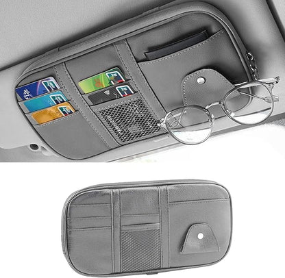 Car Sun Visor Organizer, Multi-Pocket PU Leather Sunglass Holder and Storage Pocket with Net Zipper, Card Sleeve Pocket Organizer, Auto Interior Accessories for Vehicle, Truck, SUV (Gray)