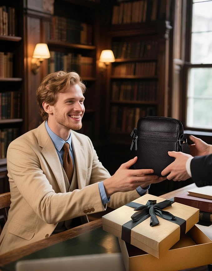 Leathario Men's Crossbody Shoulder Bag, Genuine Leather Small Messenger Satchel for Work Business Travel, Black Side Purse