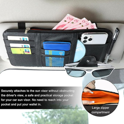 Ohleats Car Sun Visor Organizer, Multifunctional Visor Storage Holder for License Pen Key, Leather Card Cash Pouch with Multi-Pocket Net Zipper, Universal Interior Car Accessories (Black)