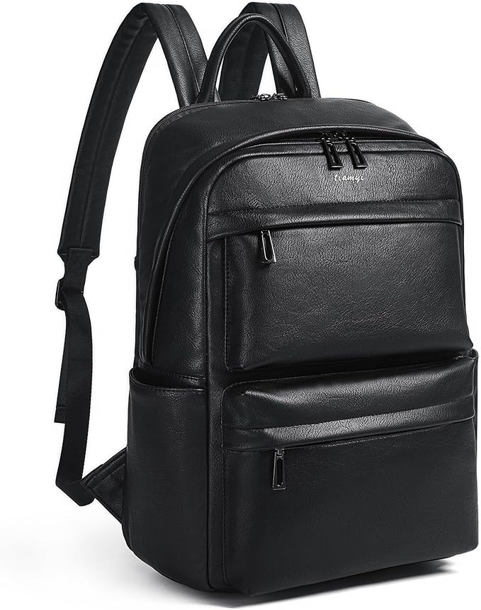Vegan Leather Backpack for Women and Men, Fits 16.0 Inch Laptop, Multi-Pocket Design with Water Bottle and Luggage Strap, Ideal for Work, Travel, and Daily Use, Black