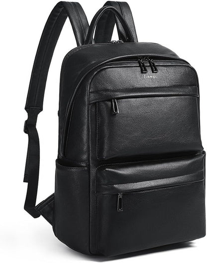 Vegan Leather Backpack for Women and Men, Fits 16.0 Inch Laptop, Multi-Pocket Design with Water Bottle and Luggage Strap, Ideal for Work, Travel, and Daily Use, Black